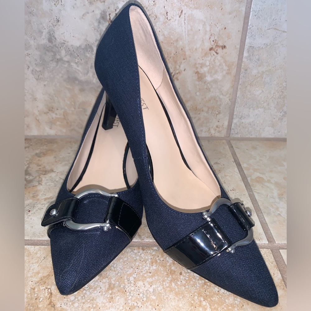 EUC Nine West Navy Material Pumps with Black Buckle Detail